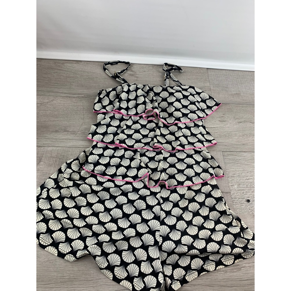 A Shore Fit Womens Black White Shell Print Ruffle Swim Romper 8 940126